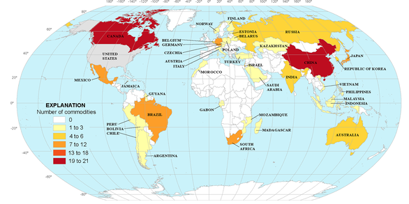 World map showing countries the US relied on for mineral imports from 2020-23.