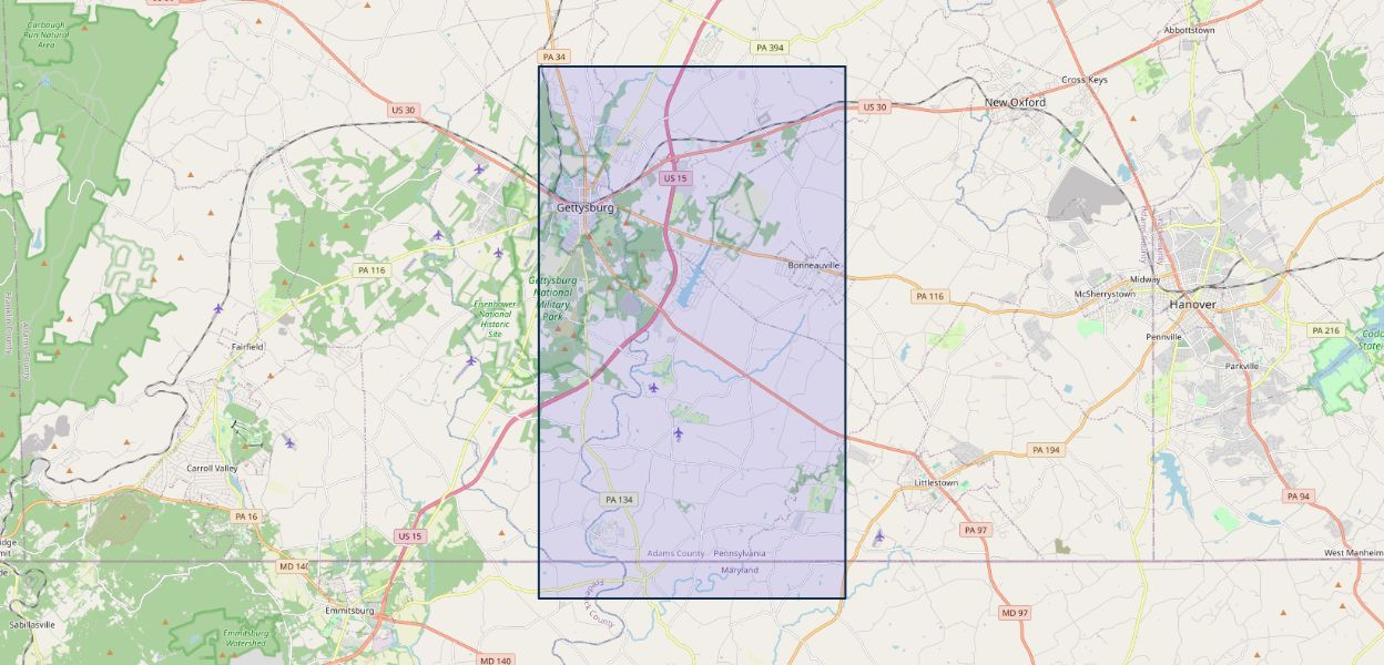map of the Gettysburg quadrangle and part of the Taneytown
