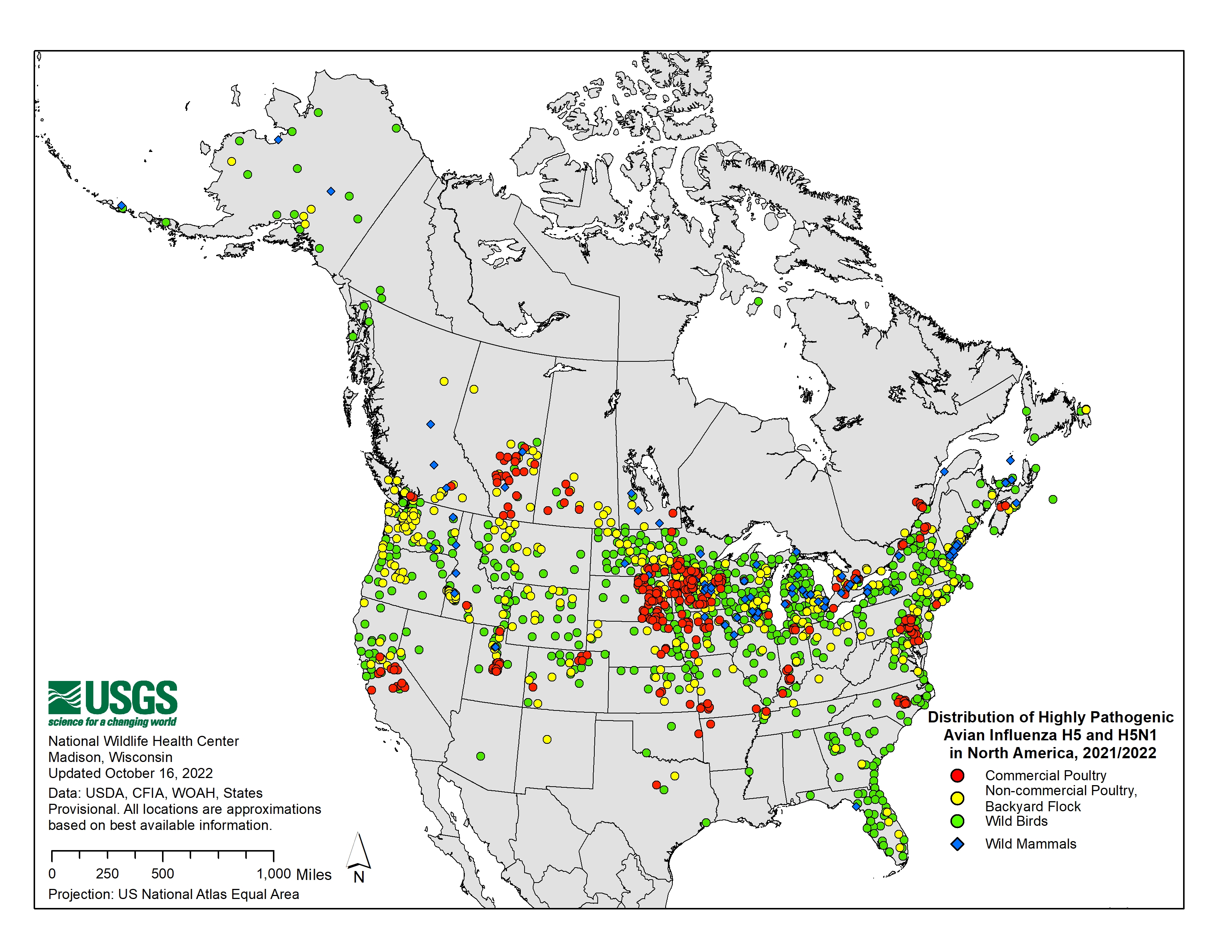 Distribution of Highly Pathogenic Avian Influenza H5 and H5N1 in North  America, 2021/2022 | U.S. Geological Survey