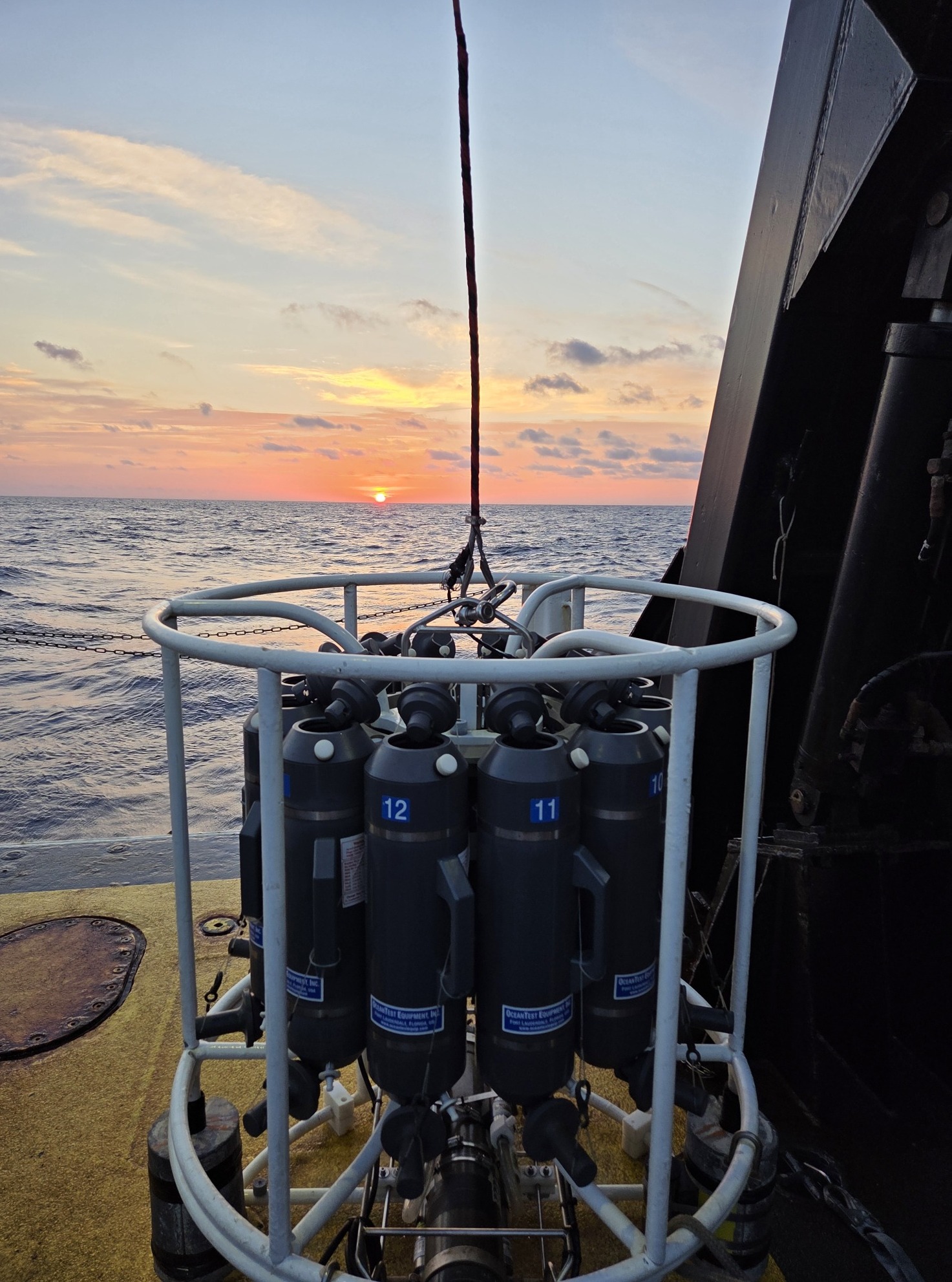 CTD rosette prepped for deployment at sunrise aboard the research vessel Nancy Foster (Credit: Cassia Busch, USGS, Public Domain)