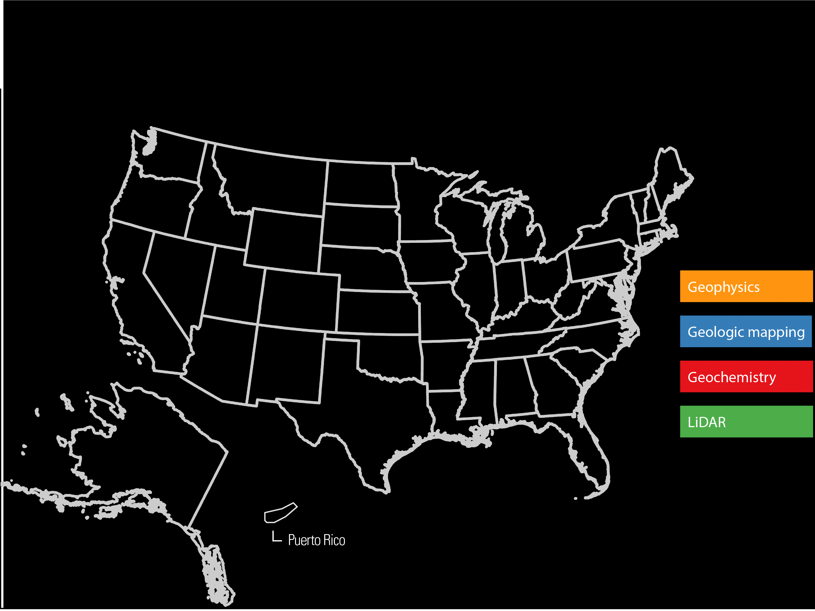 GIF showing data acquisition increases from 2019-2025 of Earth MRI mapping data within the US, Alaska and Puerto Rico. 