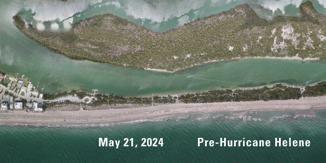 Animated GIF of aerial images showing Milton Pass, FL, before and after Hurricanes Helene and Milton