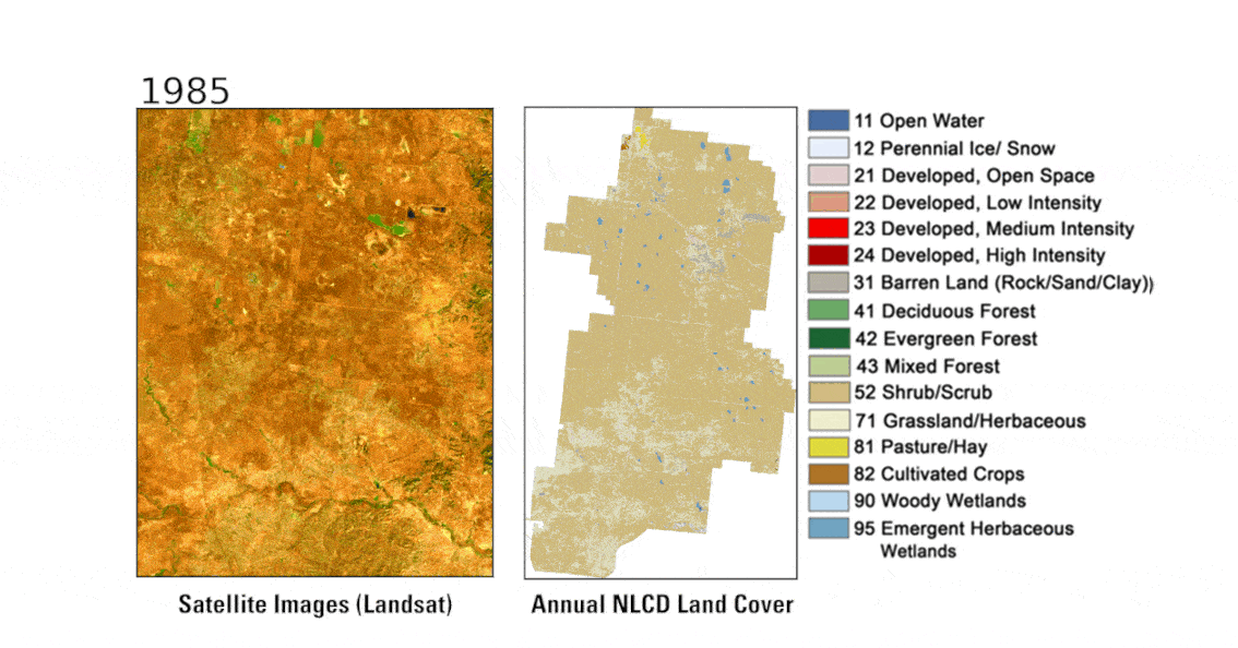 Animations side by side, one showing land and one showing representative colors of land cover types