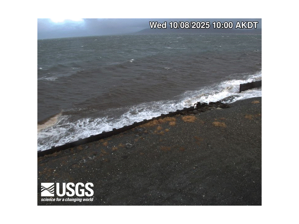 Animated GIF showing overwash of seawall at Teller, Alaska in an October 2025 storm