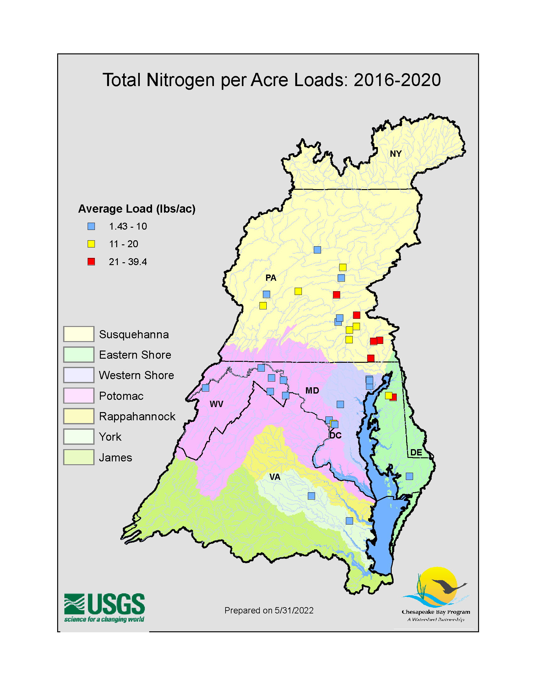Total Nitrogen per Acre Loads in the Chesapeake Bay Watershed 20162020