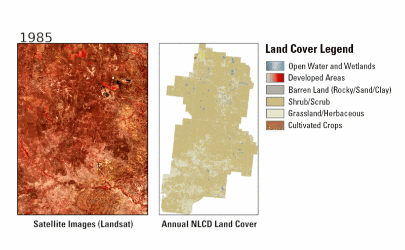 Animations side by side, one showing land and one showing representative colors of land cover types
