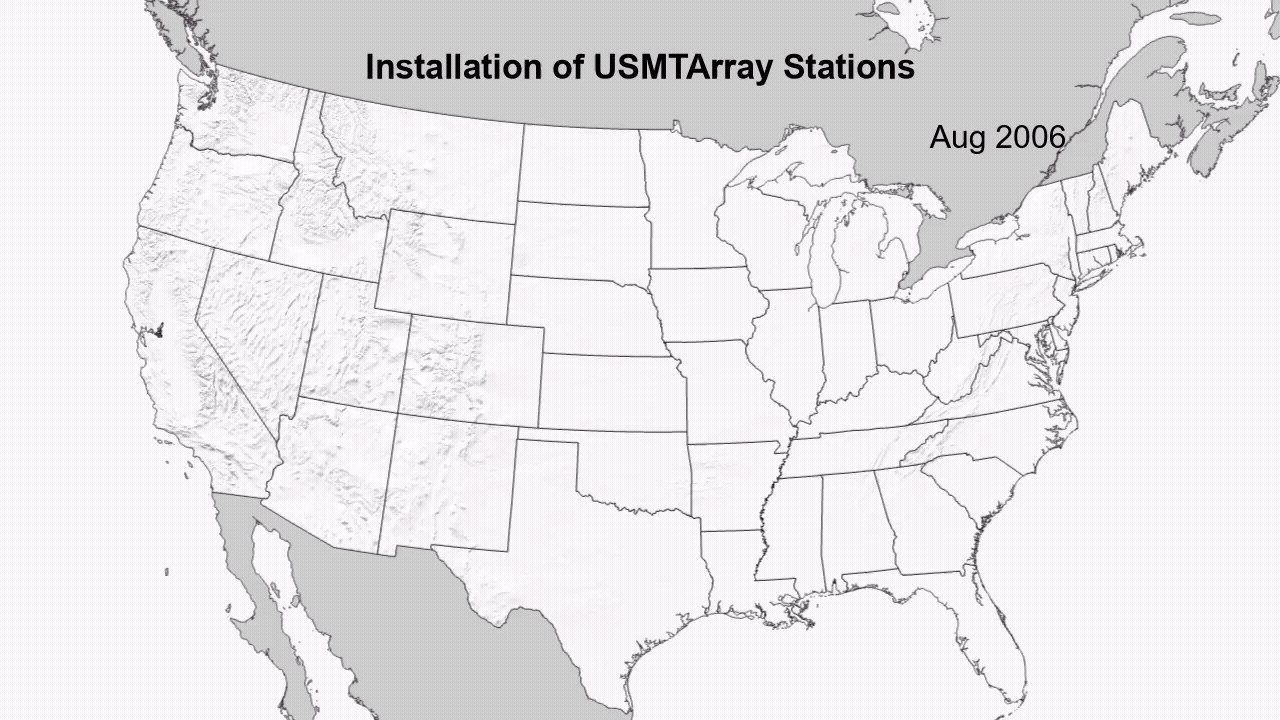 A moving image of dots across the USA that displays the installation of USMTArray stations.
