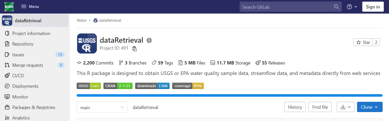 Screenshot of the dataRetrieval R package code repository.