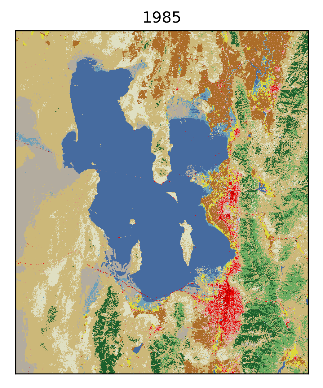 Animated GIF of land cover change in the Great Salt Lake area of Utah from 1985 to 2025 