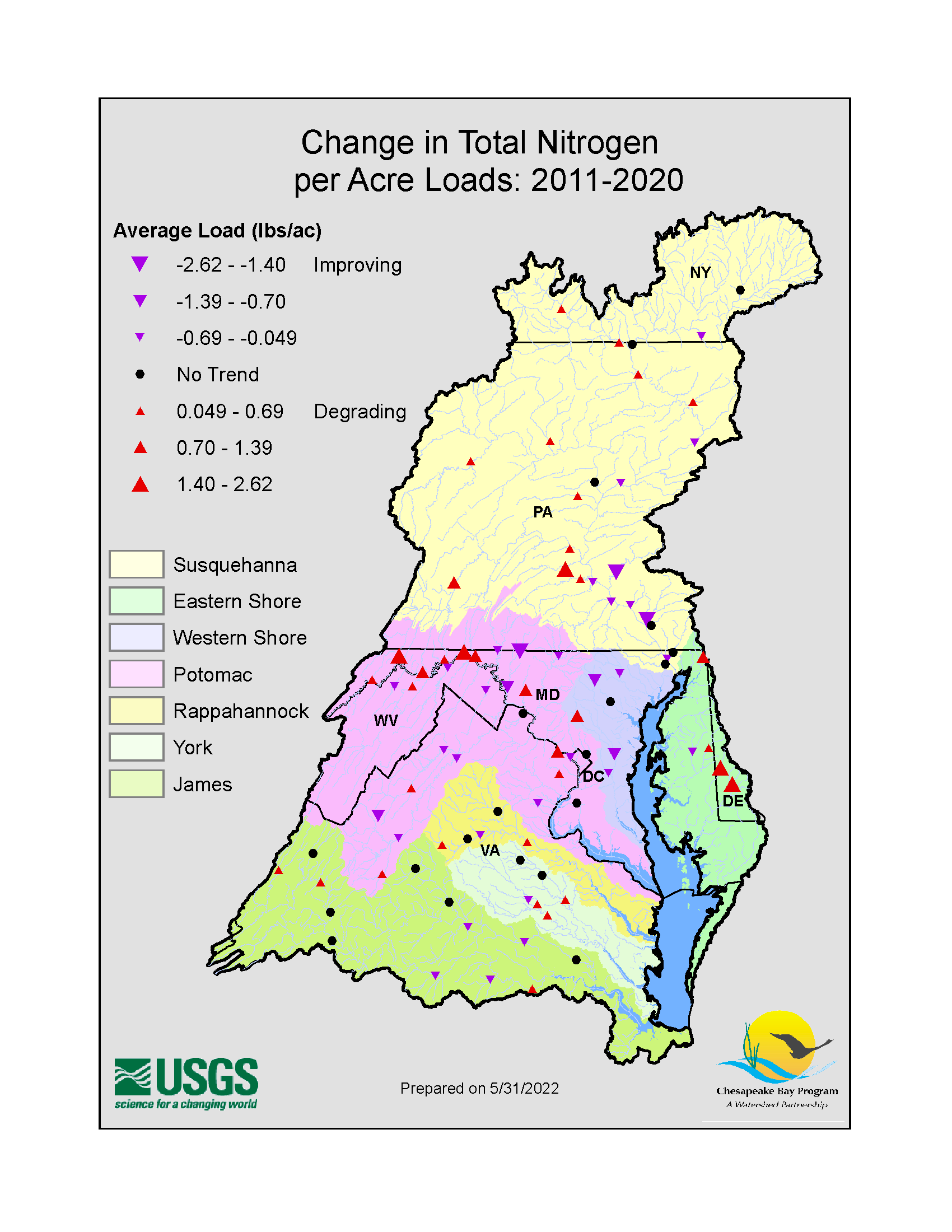 Change in Total Nitrogen per Acre Loads in the Chesapeake Bay Watershed