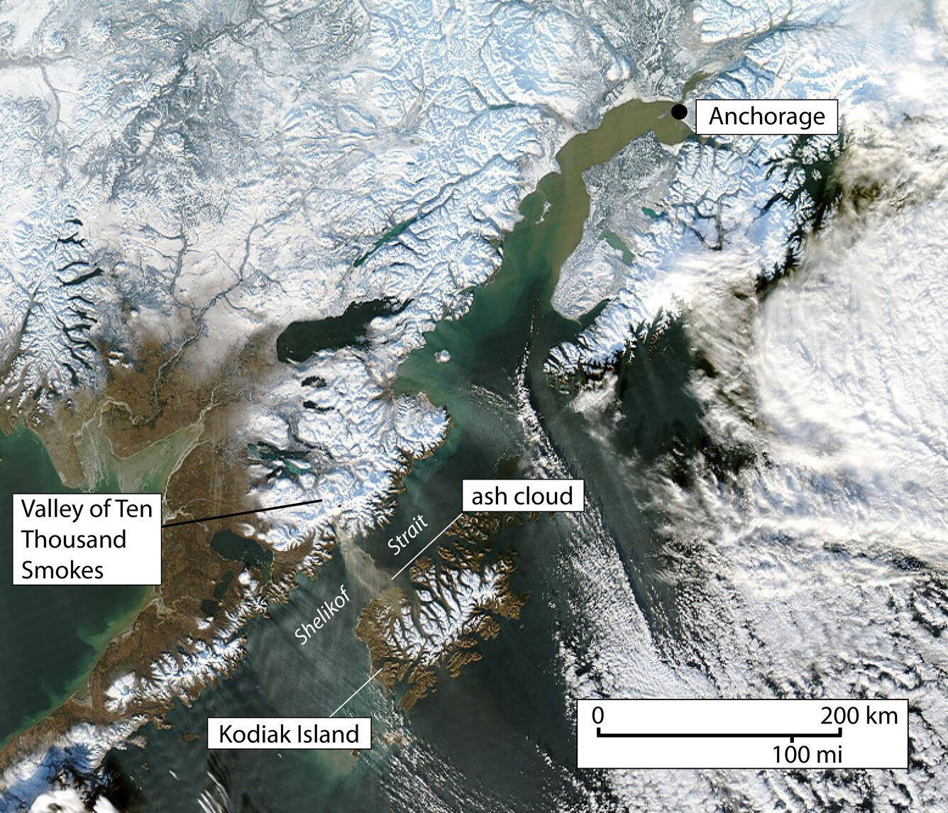 Image: Annotated Satellite Image of southern Alaska Showing Anchorage and Kodiak Island