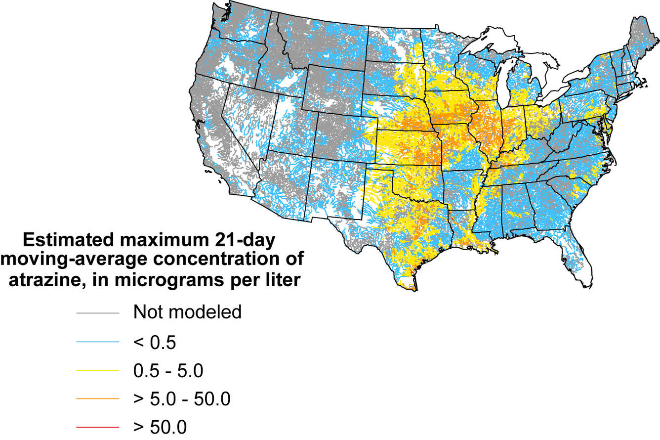 Image: 2007 WARP Model Estimates of Maximum 21-Day Moving-Average Atrazine Concentrations in Streams