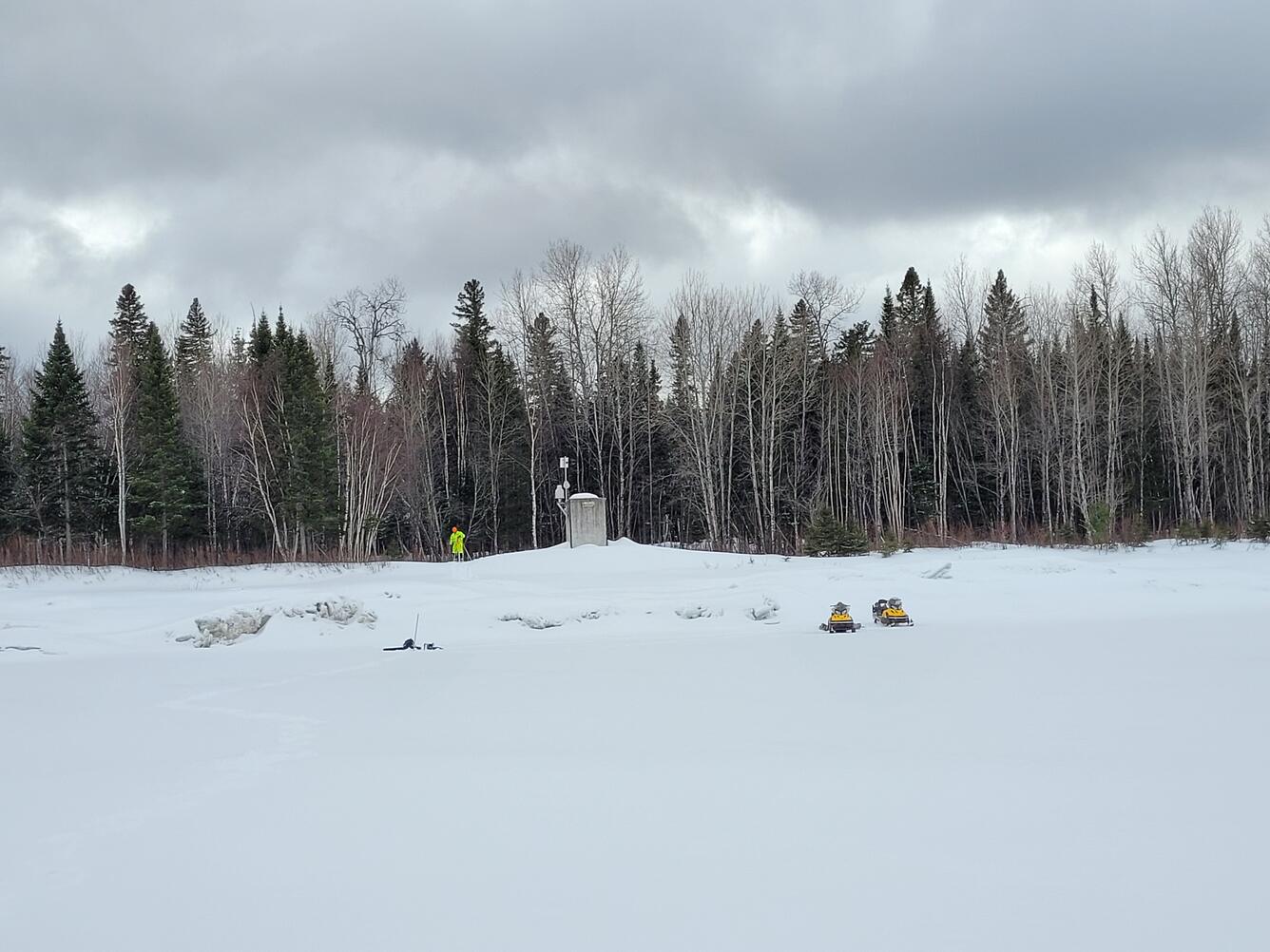 A streamgage in a wintery scene