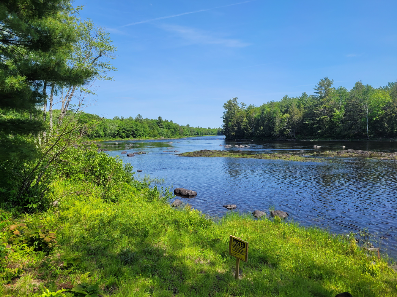 An oxbow in a river with green vegetation and foliage and blue skies.