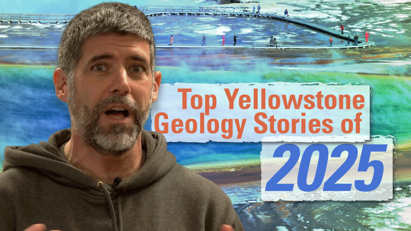 Thumbnail image of a man speaking in front of a photo of a colorful hot spring