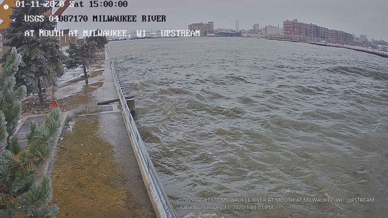 Image from USGS HIVIS Camera 04087170 showing waves breaking over the walls of Jones Island on January 11, 2020 
