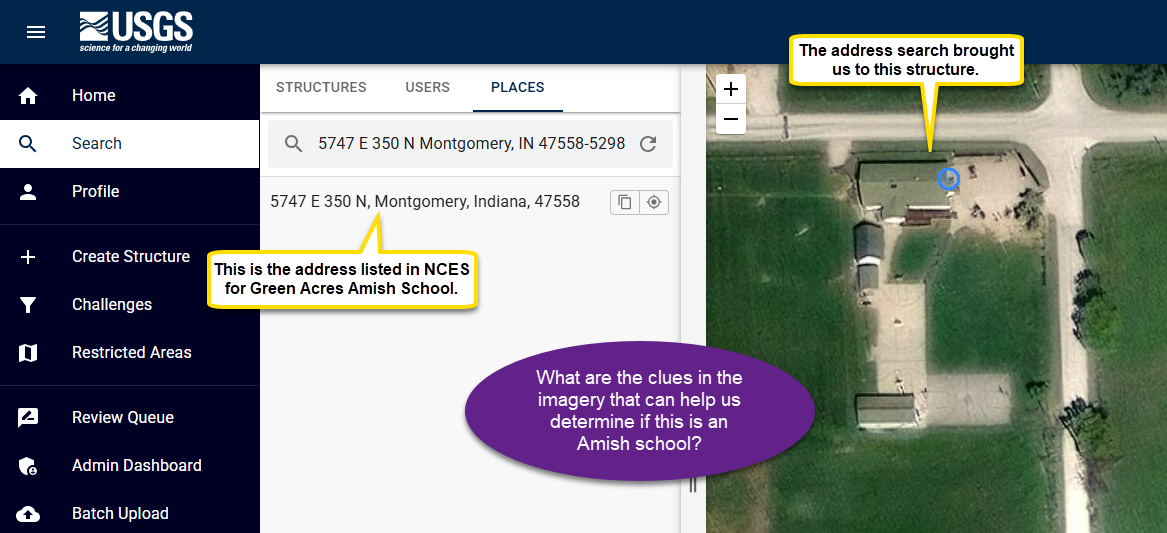 Image of address for the Green Acres Amish School in the TNMCorps map editor search bar and aerial imagery of structure.