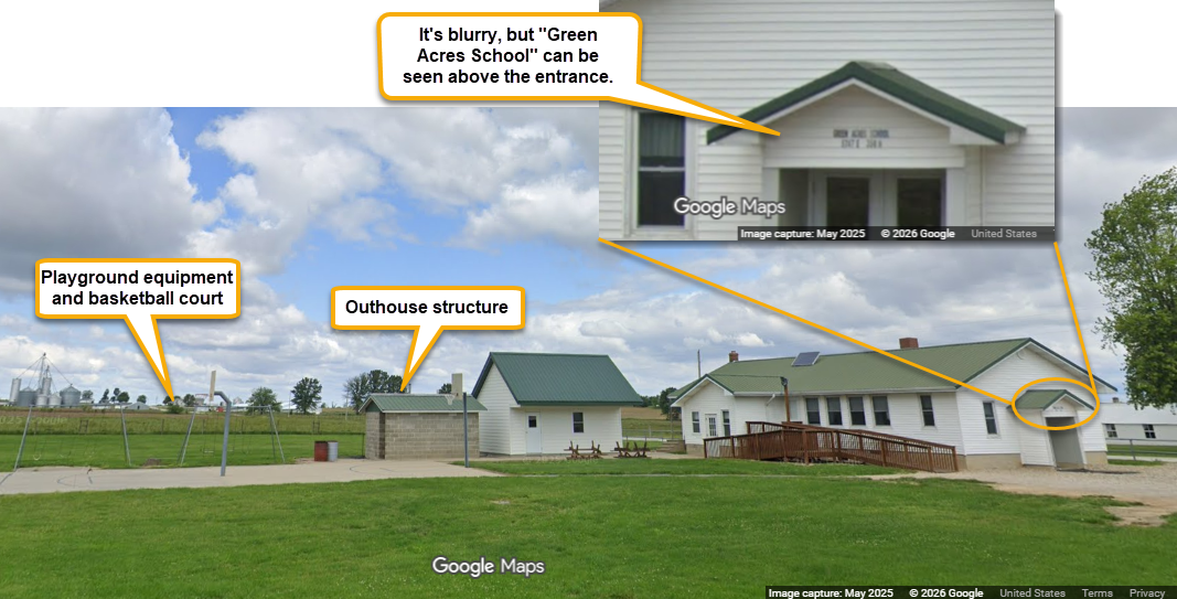 Street View™ imagery of the Green Acres Amish School with school building, probable outhouses, and playground features.