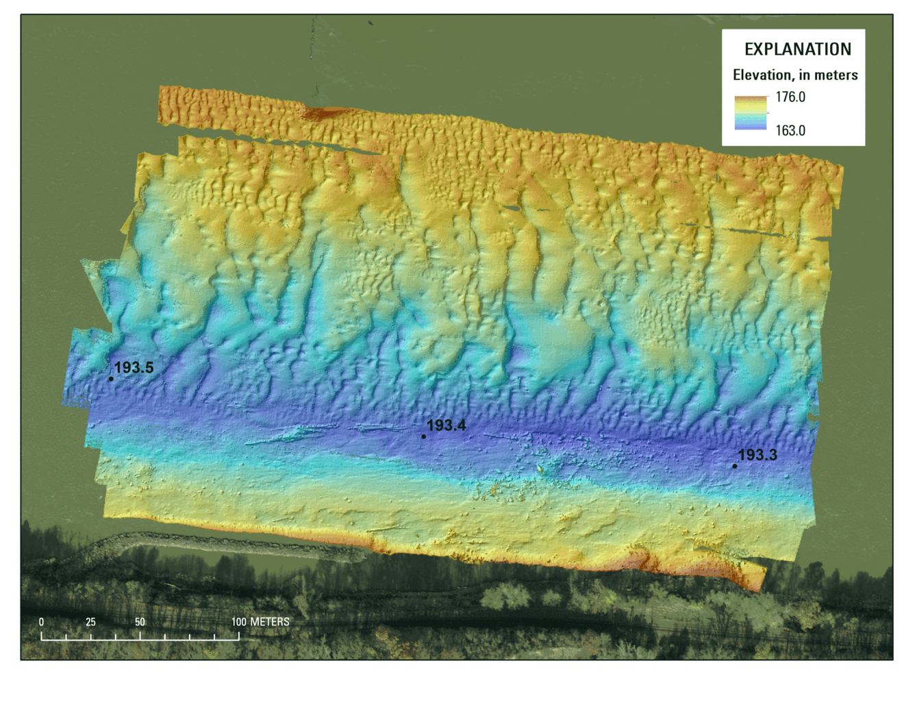 Animation showing three multibeam echosounder surveys of the Missouri River on July 15, 2015