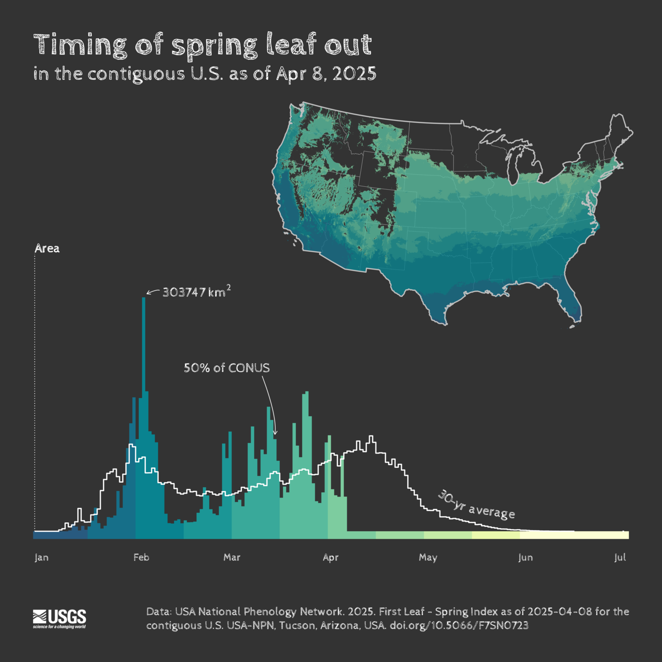 Map and chart showing timing of spring leaf out in the contiguous U.S. as of April 8, 2025