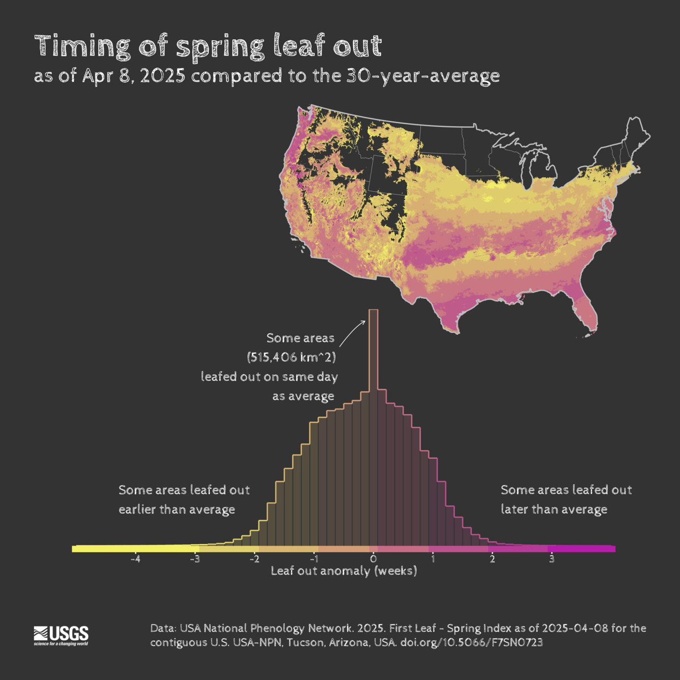 Map and chart showing the timing of spring leaf out in the contiguous U.S. compared to the 30-year-average. 