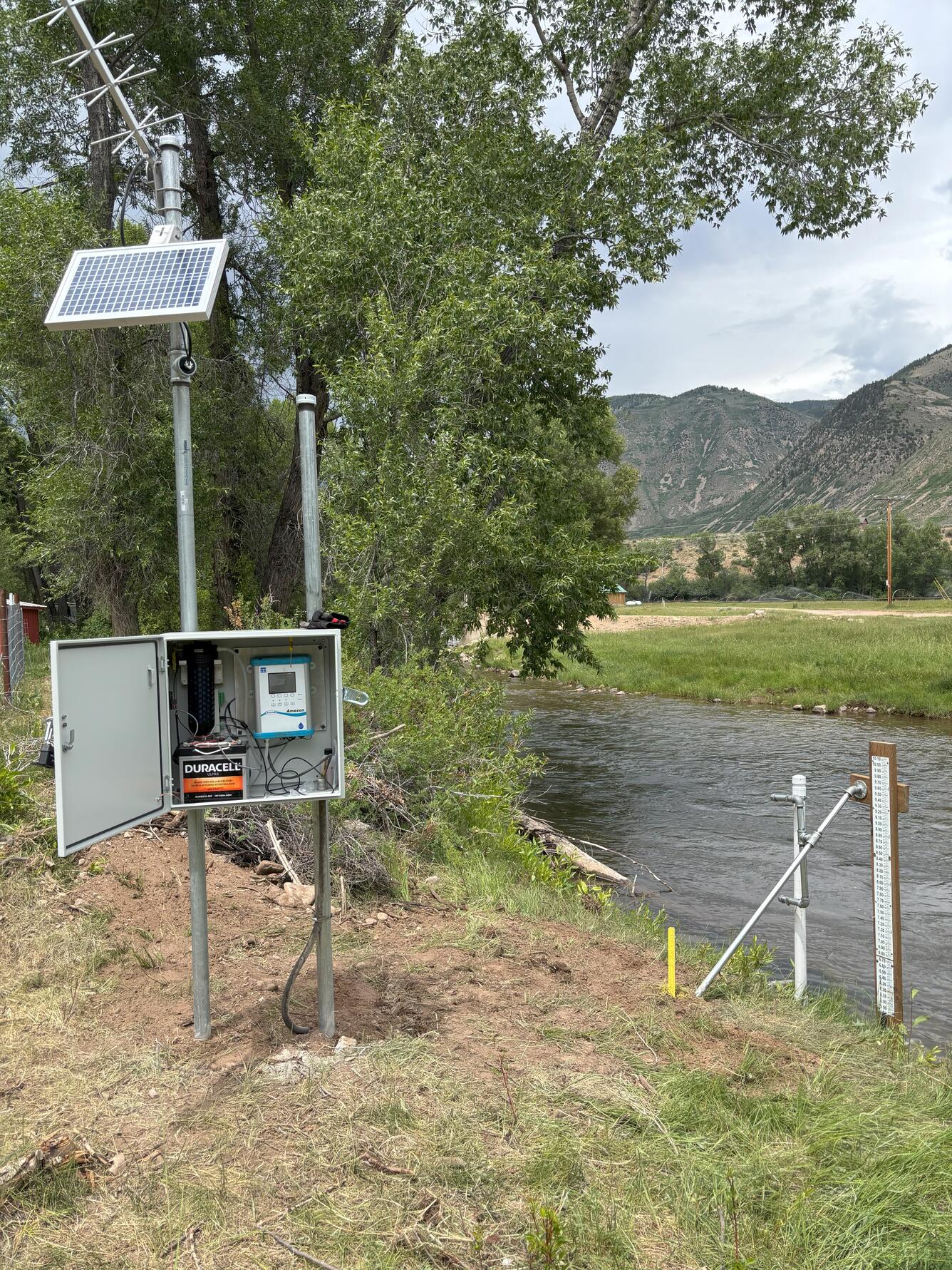 Gaging station and staff plate on grassy streambank.
