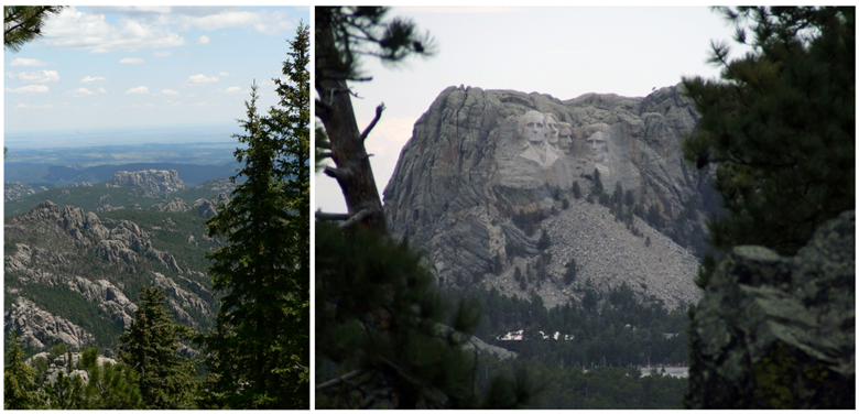 Left: a view of the Black Hills from above. Granite hills stick up above a forest of pine trees. Right: a distant view of Mount Rushmore.