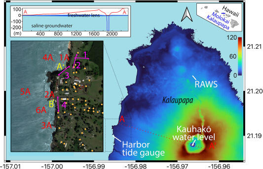 Figure shows Lidar (Light detection and ranging) elevation map of Kalaupapa, Moloka‘i, Hawai‘i