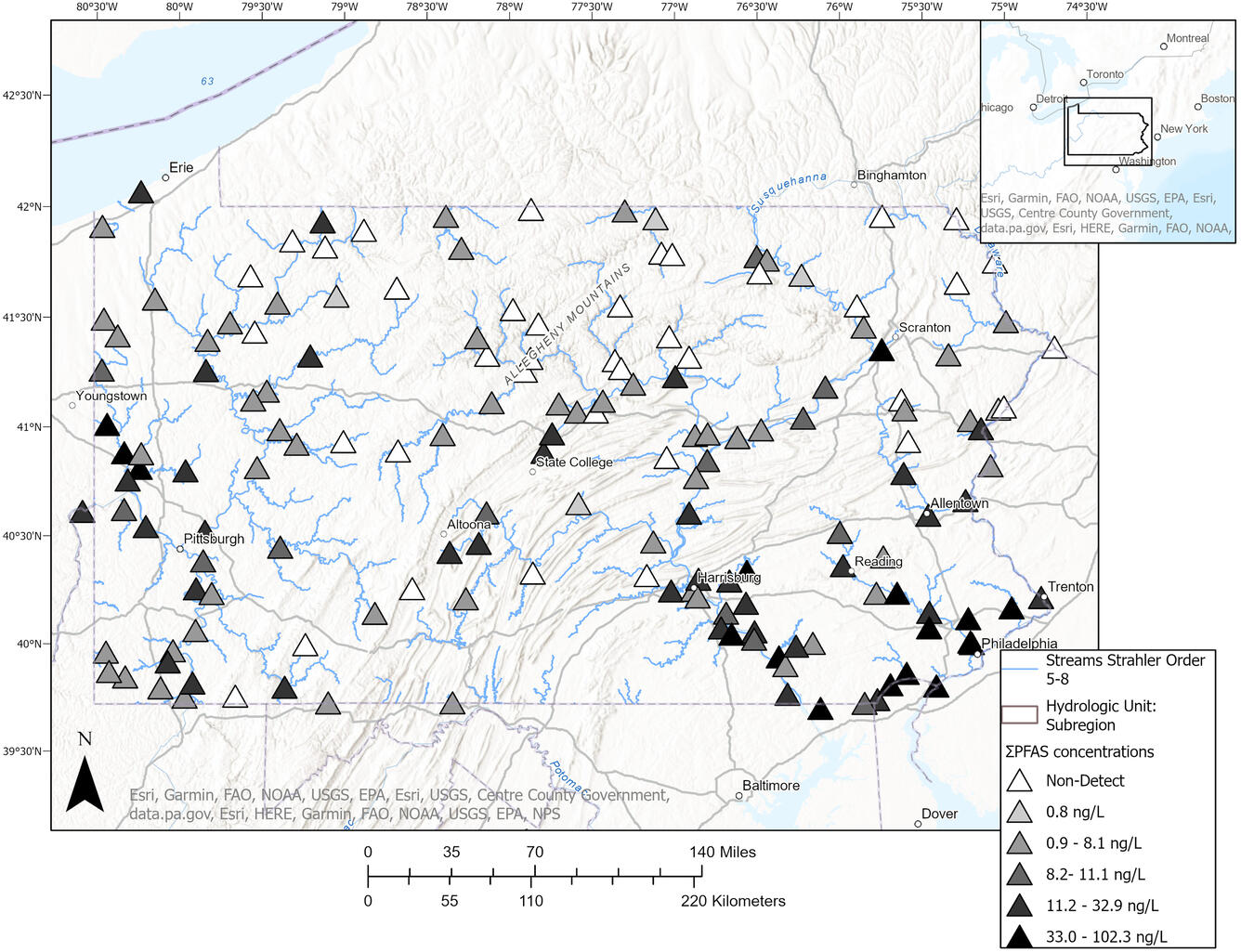 A map showing locations across Pennsylvania where PFAS was detected in water samples. 