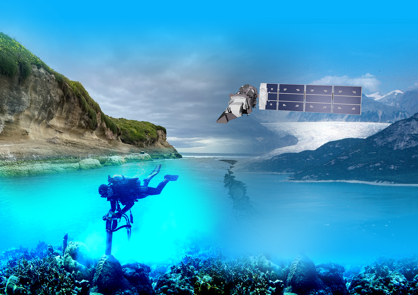 collage of images to include glacier, coast, ocean with scientist conducting an experiment, and Landsat 9 illustration