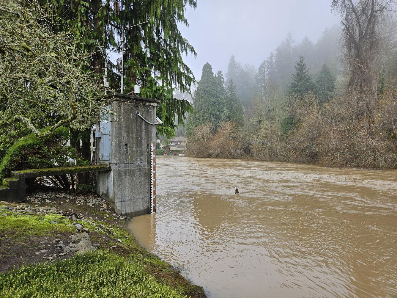 USGS gage house next to muddy river