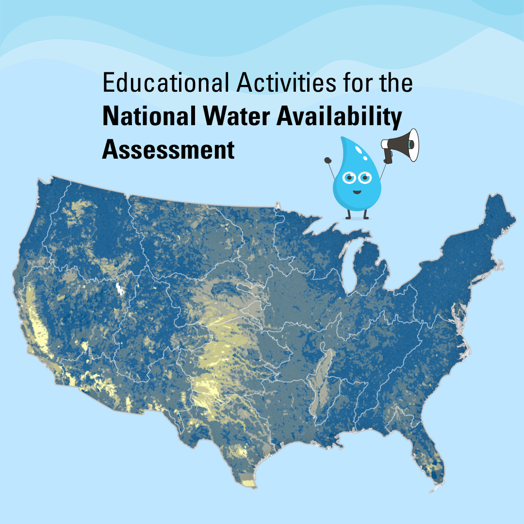 The Water Science School mascot, Drippy, announces educational activities for the National Water Availability Assessment