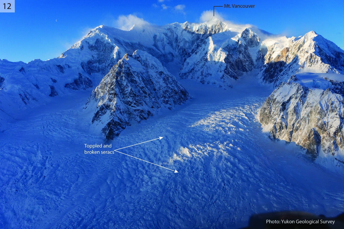 Snowy mountain with labels pointing out toppled and broken seracs 
