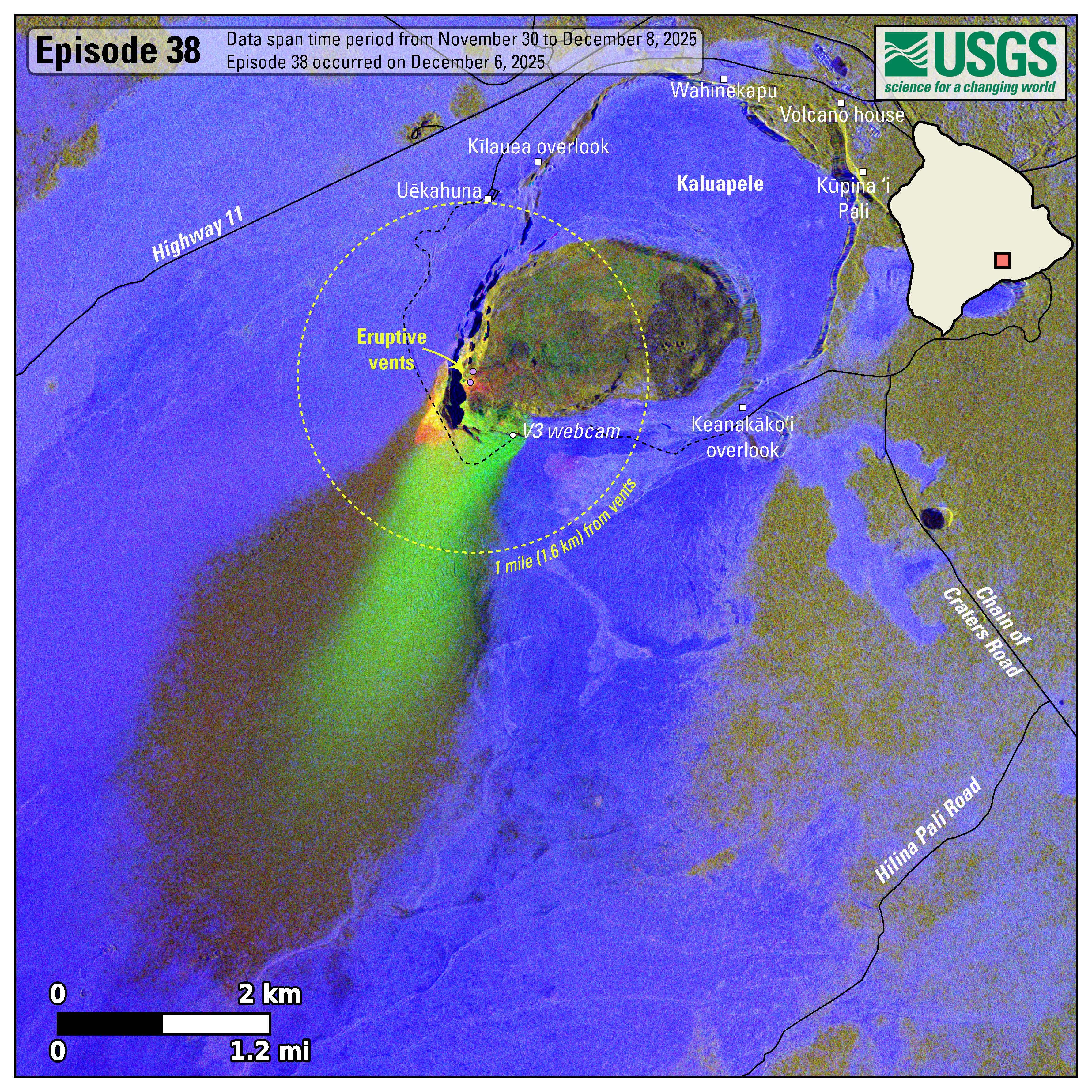 Color map showing area affected by lava fountain fallout during eruption