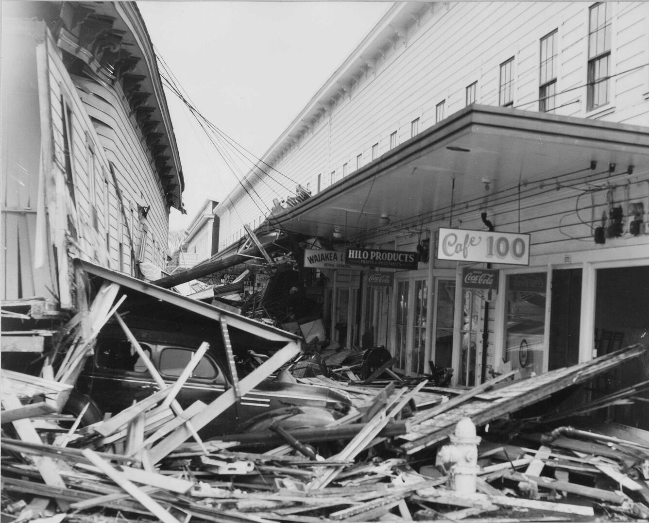 Black and white photograph of tsunami damage to town