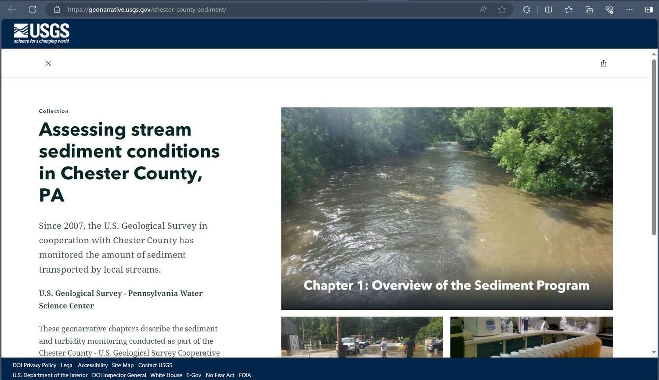 Screenshot of the first page of the Geonarrative "Assessing stream sediment conditions in Chester County, PA". 