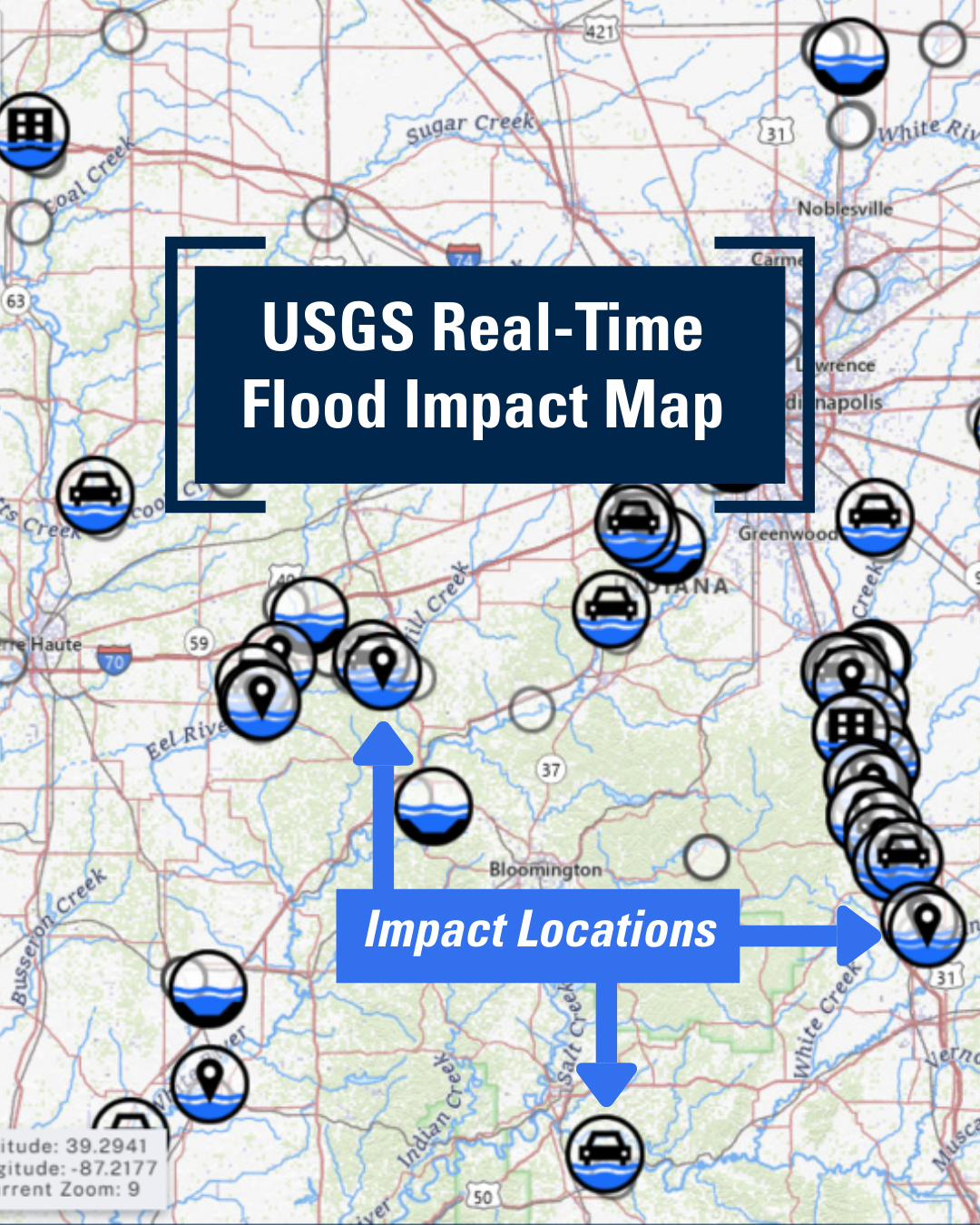 Screenshot of the USGS Real-Time Flood Impact Map on April 9, 2025, near Indianapolis, IN showing many Impact Locations with icons that represent their type (example: road flooded, path flooded). Multiple streams and rivers experienced spring flooding, overtopping their embankments and affecting nearby roads, buildings, bridges, and more.