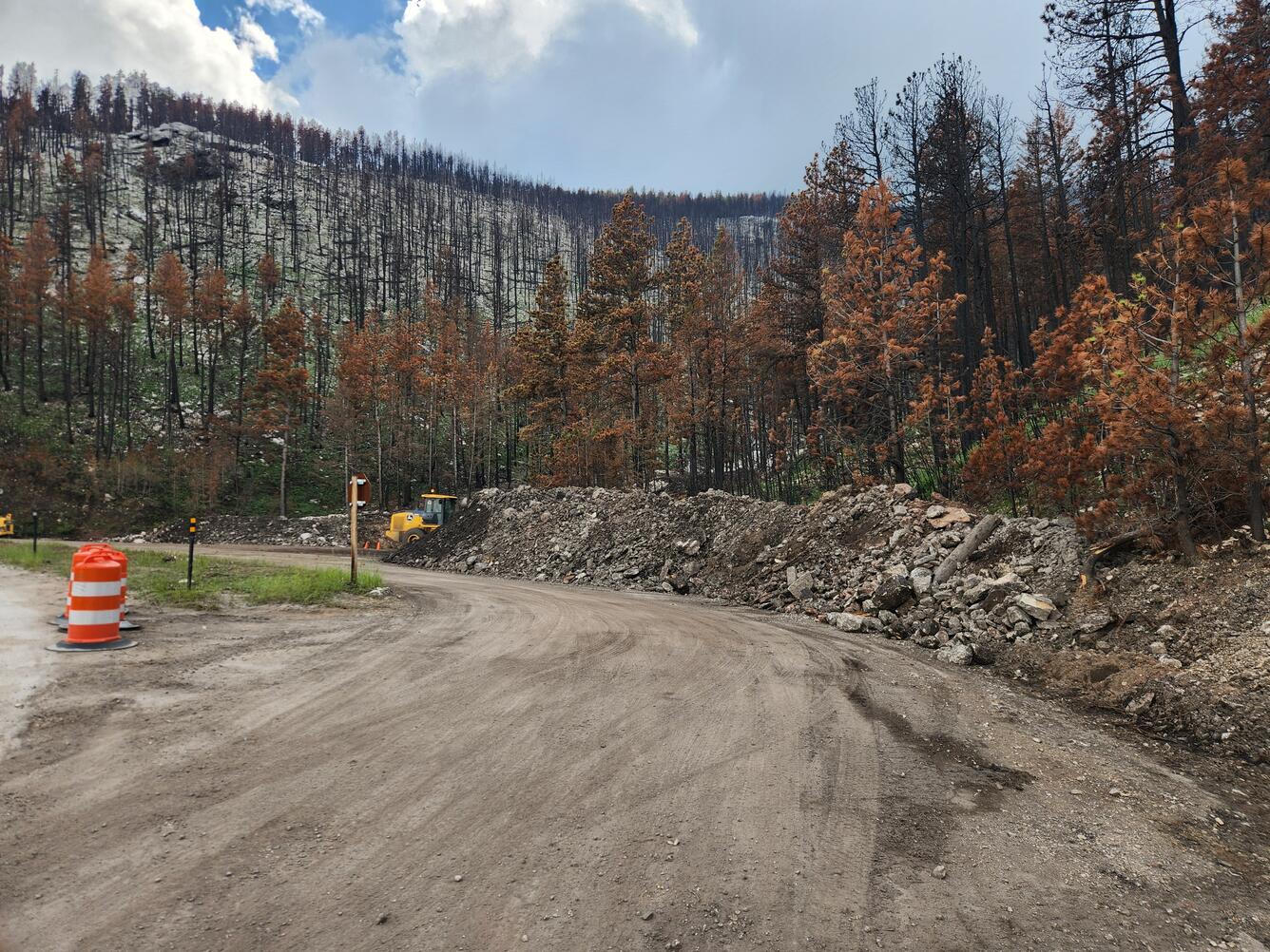 heavy equipment next to a pile of debris on the side of the road
