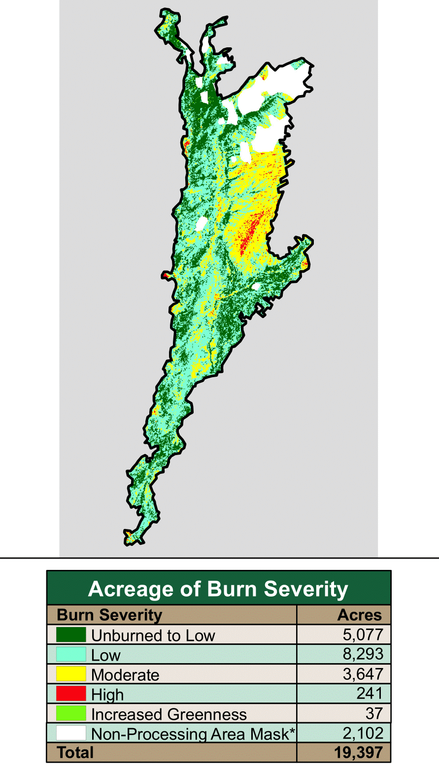 A long, narrow map containing various colors with an irregular border and a color key below 
