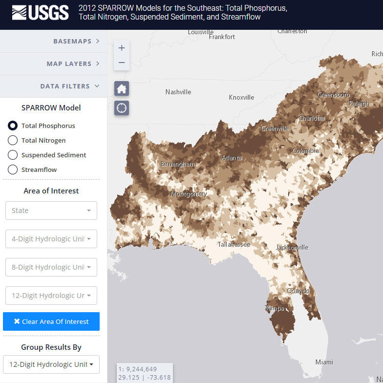 Screenshot of web map and map controls; shaded areas show total phosphorus levels in Southeast US streams