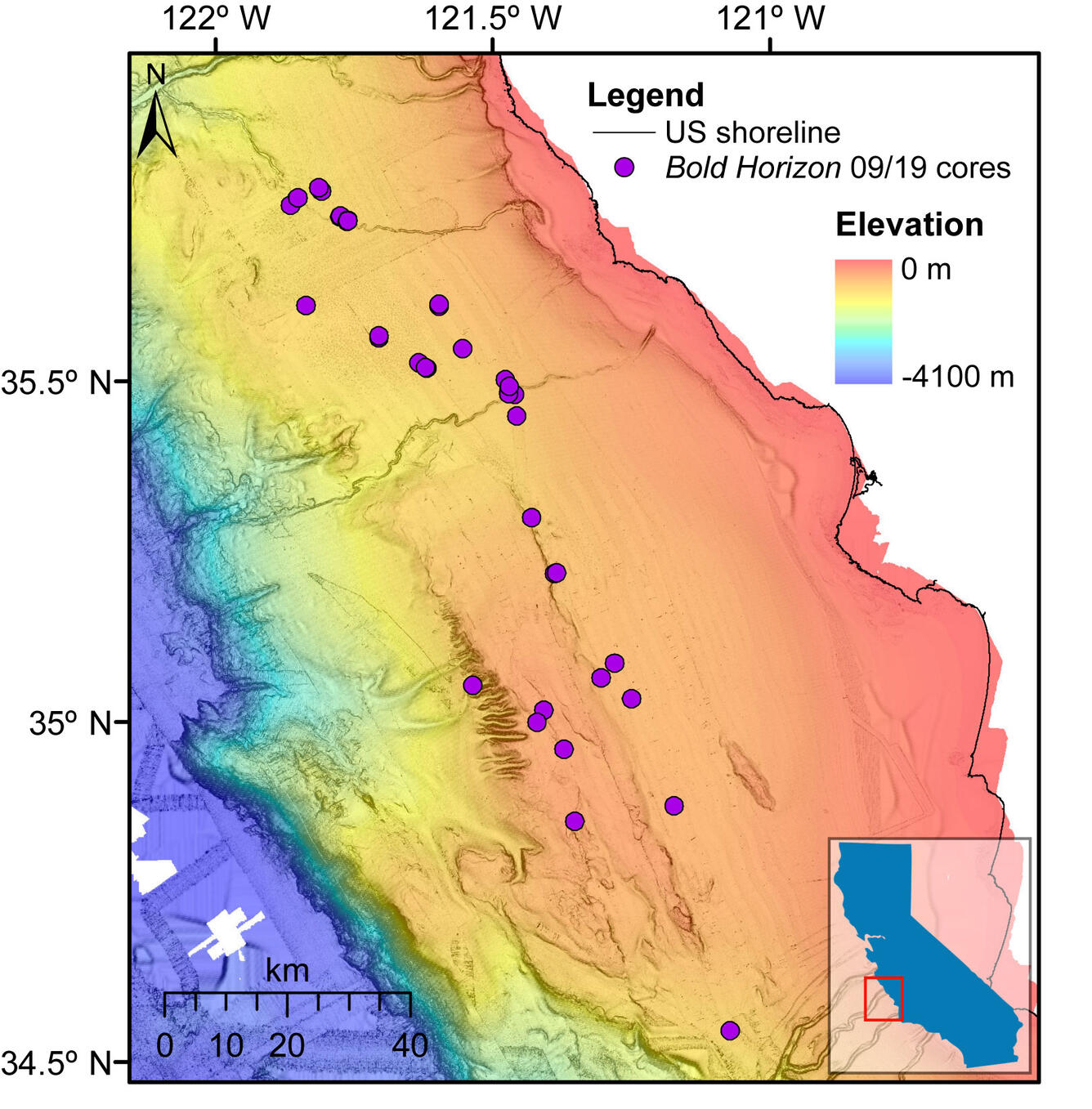 Map of the seafloor with dots to show locations where sediment cores were collected.