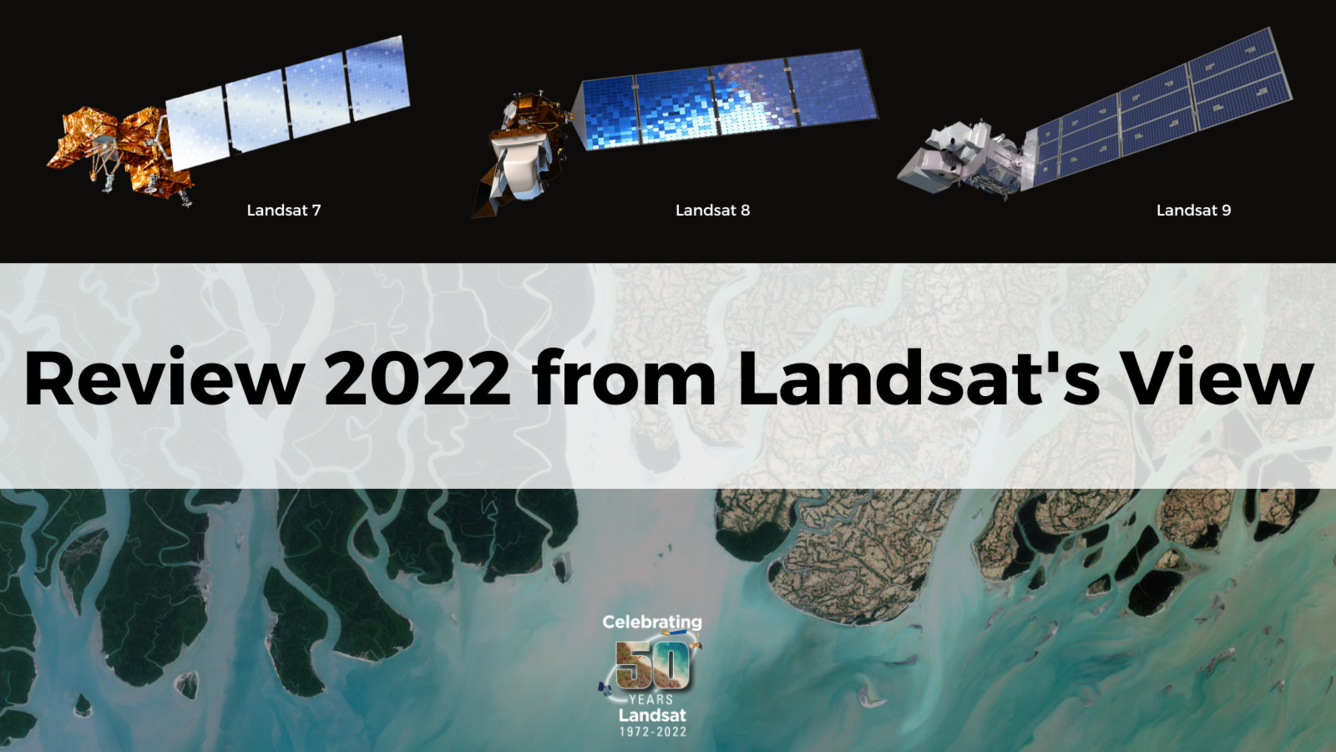 Three Satellites are at the top of the image. Middle part says "Review 2022 from Landsat's View." The final third shows a vibrant-colored delta from a satellite view.