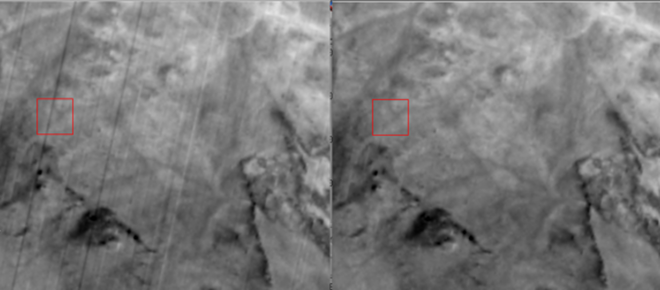 images showing striping (left) and the correction (right) in Landsat 9 imagery in March 2022.
