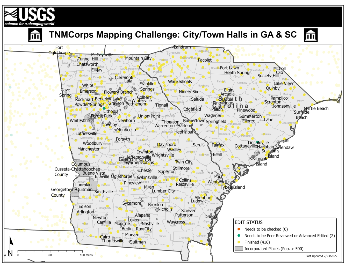 TNMCorps Mapping Challenge: City/Town Halls in GA & SC 02/24/22 IncPl