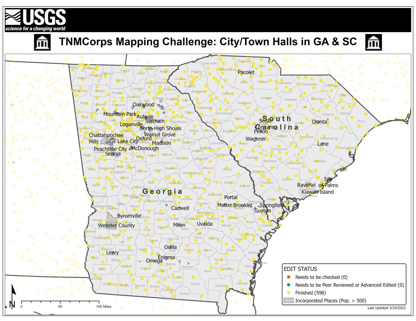 TNMCorps Mapping Challenge: City/Town Halls in Georgia & South Carolina (03/24/22) with Incorporated Places