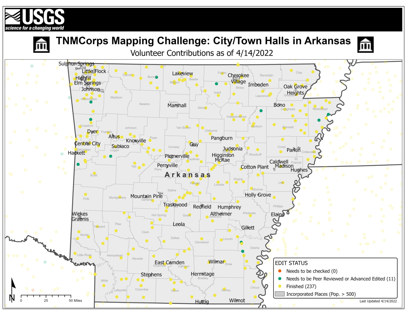 TNMCorps Mapping Challenge: City/Town Halls in Arkansas (04/14/22) with Incorporated Places