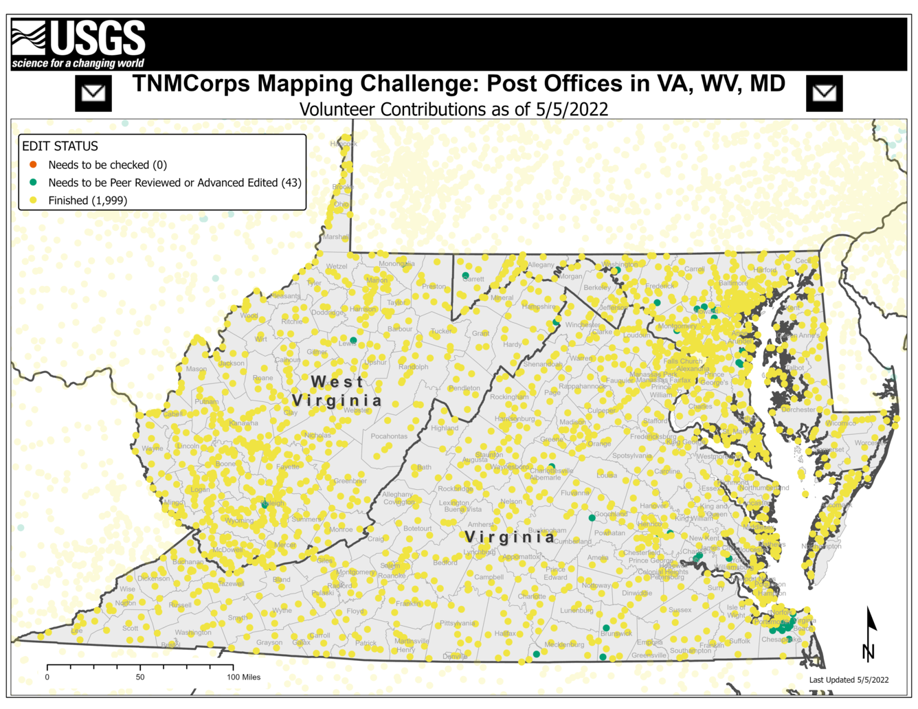 TNMCorps Mapping Challenge: Post Offices in Virginia, West Virginia, and Maryland (05/05/22)