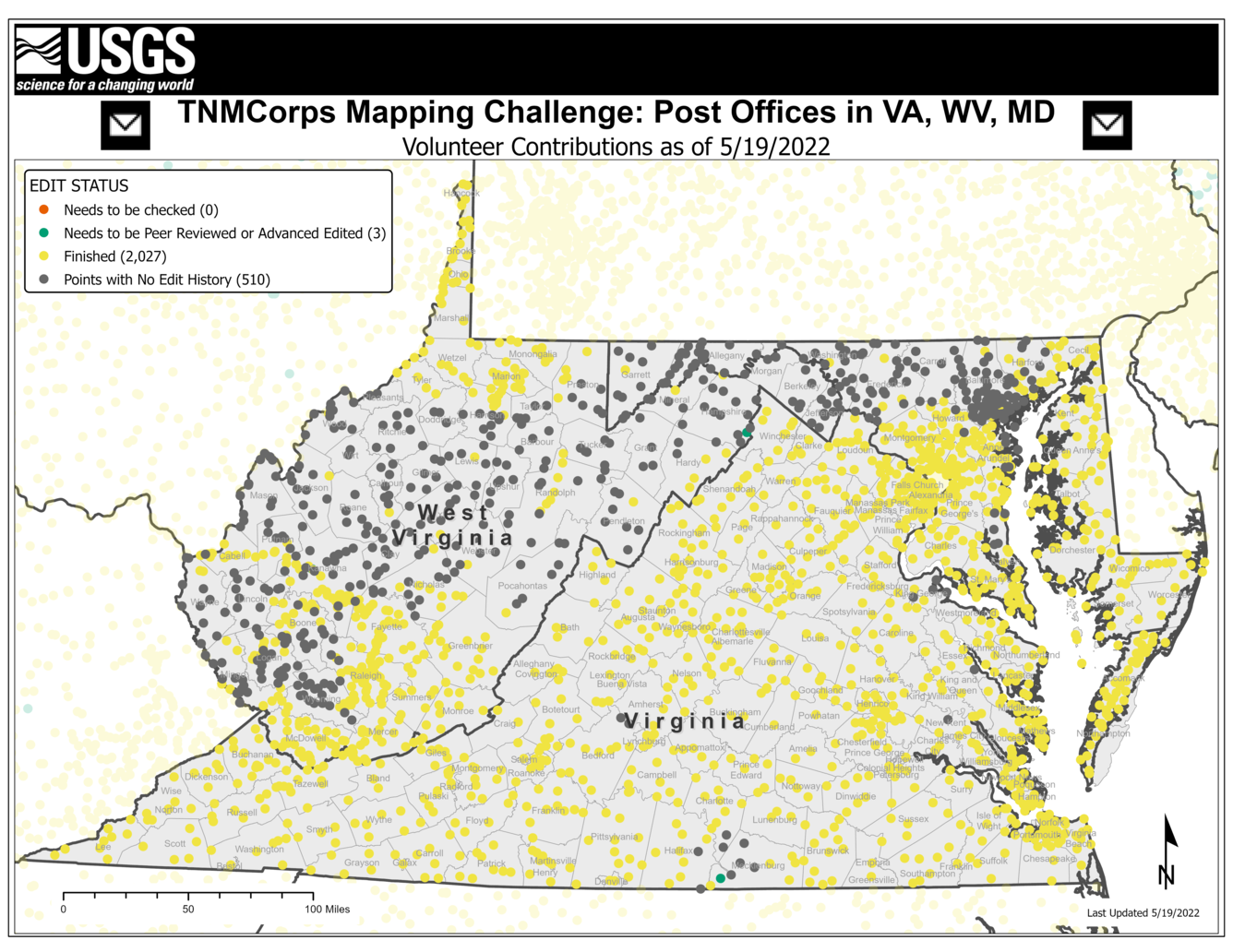 TNMCorps Mapping Challenge: Post Offices in Virginia, West Virginia, and Maryland with No Edit History (05/19/22)