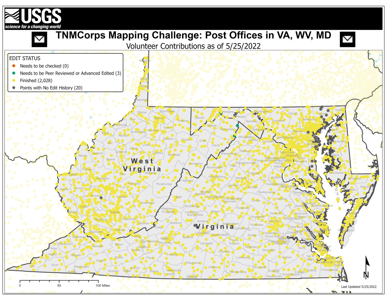 TNMCorps Mapping Challenge: Post Offices in Virginia, West Virginia, and Maryland with No Edit History (05/25/22)