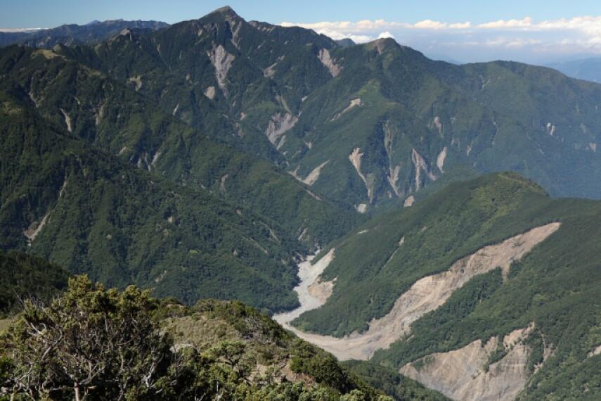 hillslope covered with vegetation and landslide scars